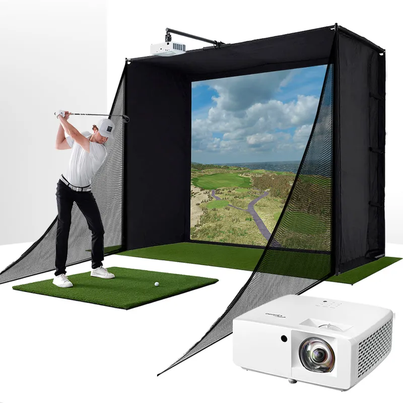 PlayBetter SimStudio™ COMPLETE by Lets Play Thru | Home Golf Simulator Package with Enclosure, Impact Screen, Hitting/Putting Mats, Side Barriers & Projector